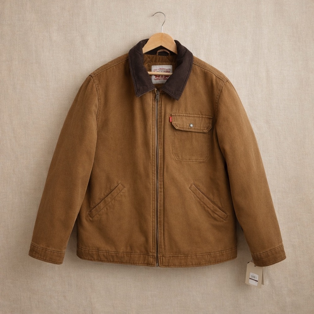LEVI STRAUSS & CO. Brown Canvas Workwear Chore Jacket Corduroy Collar Zip Front